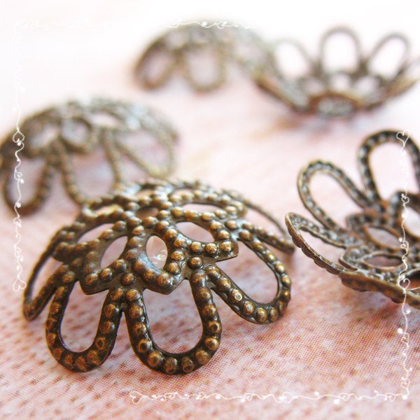 Brass Bead Caps -Flower Setting Supplies -Antique Bronze Lead Free Caps -Flower Shields -Floral Filigree Jewelry Making Findings