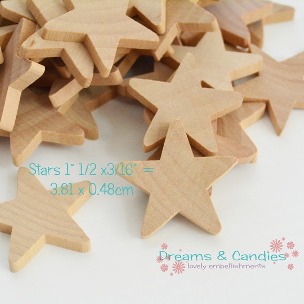 25 Miniature Wooden Stars 1.50" -Unfinished Wood Shapes -Natural Wood Mini stars -Small Celestial Decorative -Wood Blank