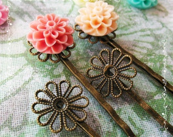 12 Filigree Bobby Pins Hair ornaments Antique Bronze, Flower 2x59x2mm