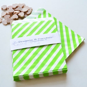 50 Candy Paper Bags Size 5 1/8x6 3/8&quot; -Neon Green and White Bags -Birthday Sweet Favor bags -Wedding Small Bags -Stripe Merchandise Packing