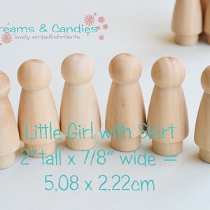 2 Wooden Girl with skirt 2&quot; -Little Sister Wooden Dolls- Miniature Kid Peg Dolls -Wooden Kid Family -Unfinished Small Figures Ready to Paint