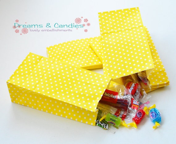 50 Small Paper Bags 3-5/8x2-1/4x7 dots Candy Bags birthday Decorative  yellow Packing Bags wedding Goodies Favors 