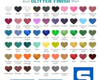 May include: A chart showing a variety of glitter heat transfer vinyl colors. The colors are arranged in rows and columns, with each color represented by a heart-shaped swatch. The chart includes colors such as white, black, rainbow, gold, silver, pink, purple, blue, green, yellow, orange, red, brown, and teal. The chart also includes the text "CAD-CUT. GLITTER FLAKE HEAT VINYL CHART" and "GLITTER FINISH".
