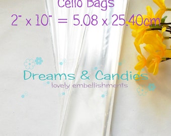 50 Clear Cello Bags 2x10" -Transparent Cello Bags -Food Safe Cello Bags -Clear Cellophane Bags -Candy Bags -Bolsitas de Celofan