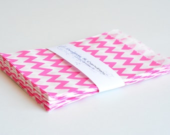 50 Candy Paper Sweet Bags -Pink Chevron Party Bags Size 5 1/8x6 3/8" -Birthday Gift Bags -Gift Shop Packing -Wedding Favor Bags
