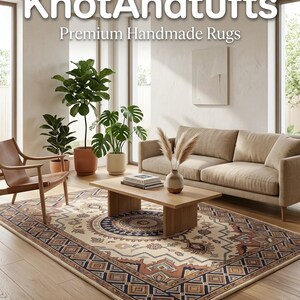 May include: A living room with a beige sofa, wooden coffee table, and a patterned rug. The rug features a central medallion design with a border of geometric shapes in brown, blue, and beige. The text "KnotAndtufts Premium Handmade Rugs" is at the top.