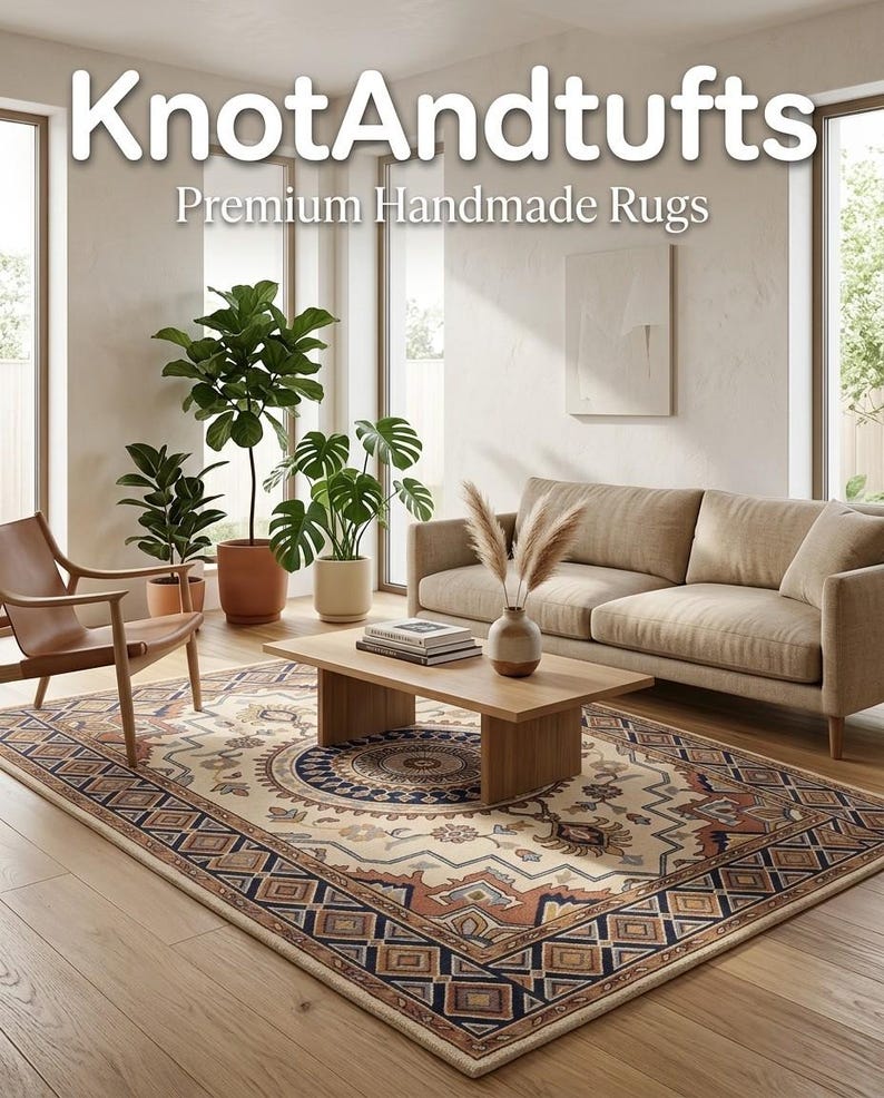 May include: A living room with a beige sofa, wooden coffee table, and a patterned rug. The rug features a central medallion design with a border of geometric shapes in brown, blue, and beige. The text "KnotAndtufts Premium Handmade Rugs" is at the top.