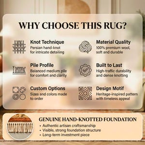 May include: An image showcasing the features of a rug, including knot technique, material quality, pile profile, and design motif. Text reads "WHY CHOOSE THIS RUG?" and "GENUINE HAND-KNOTTED FOUNDATION". The rug is hand-knotted with a heritage-inspired pattern.
