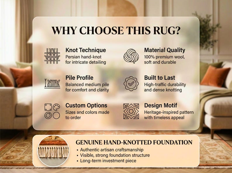 May include: An image showcasing the features of a rug, including knot technique, material quality, pile profile, and design motif. Text reads "WHY CHOOSE THIS RUG?" and "GENUINE HAND-KNOTTED FOUNDATION". The rug is hand-knotted with a heritage-inspired pattern.