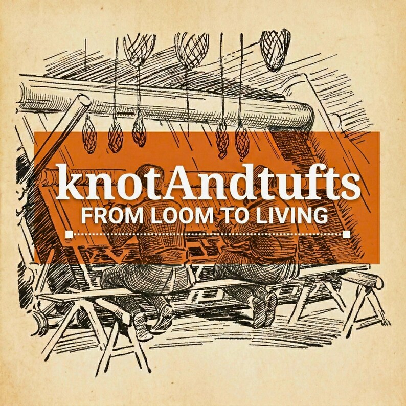 May include: A sepia-toned illustration depicting two people at a loom. The image includes an orange rectangle with the text "knotAndtufts FROM LOOM TO LIVING". The artwork is in black and white, evoking a vintage aesthetic.