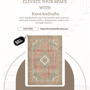 May include: A rectangular rug with a central geometric design in shades of coral, sage green, and cream. The rug features a detailed border and is displayed with the text "ELEVATE YOUR SPACE WITH KnotAndtufts". A 50% off tag is also visible.