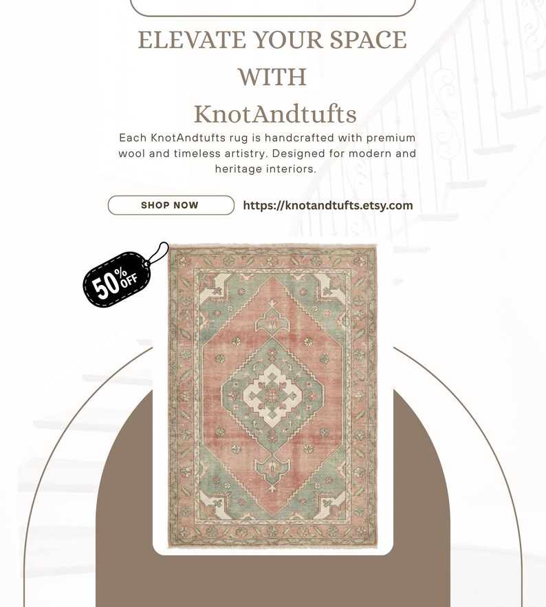 May include: A rectangular rug with a central geometric design in shades of coral, sage green, and cream. The rug features a detailed border and is displayed with the text "ELEVATE YOUR SPACE WITH KnotAndtufts". A 50% off tag is also visible.