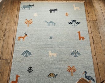 Hand Knotted Wool Safari Animal Rug, Soft Blue Nursery Playroom Carpet