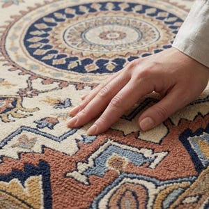 May include: Close-up of a beige and rust-coloured area rug with an intricate, circular pattern. The rug features a central medallion design in navy blue and tan, surrounded by floral and geometric motifs. A hand gently rests on the rug's textured surface.