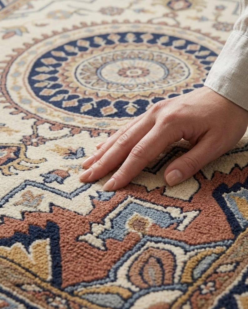 May include: Close-up of a beige and rust-coloured area rug with an intricate, circular pattern. The rug features a central medallion design in navy blue and tan, surrounded by floral and geometric motifs. A hand gently rests on the rug's textured surface.