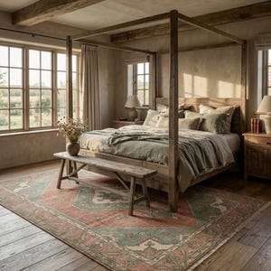 May include: A bedroom with a wooden four-poster bed, a patterned rug, and a wooden bench at the foot of the bed. The rug has a red and green design. The room has large windows and wooden beams on the ceiling.
