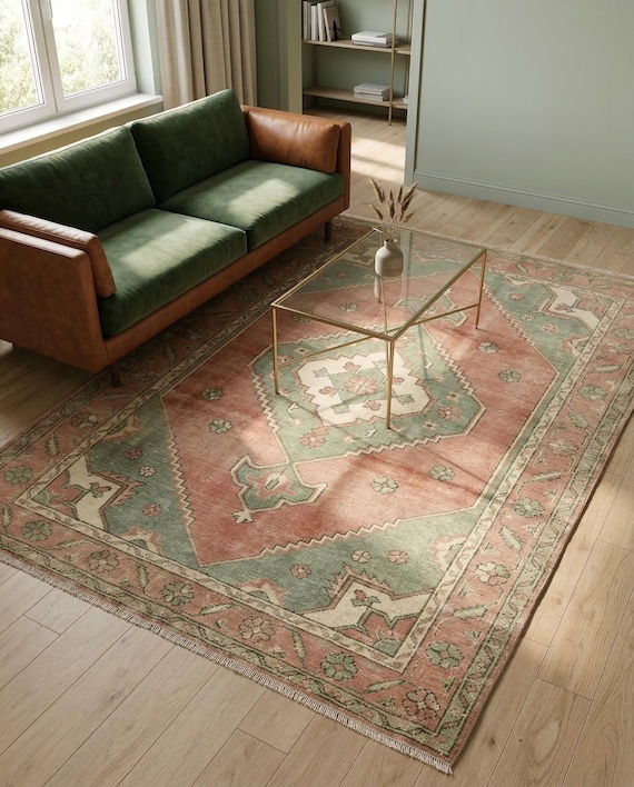 Vintage Pink Tribal Wool Rug – Sage Green Medallion Area Carpet – Boho Farmhouse Style