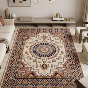 May include: Cream, navy, rust, and gold rectangular rug with a detailed geometric design. The rug has a central medallion and a border with diamond and rectangular patterns. Ideal for living rooms, this rug measures approximately 200 x 300 cm.