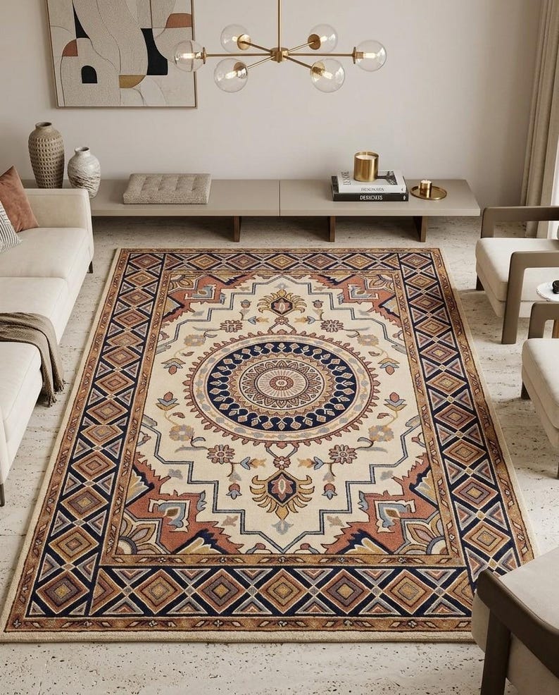 May include: Cream, navy, rust, and gold rectangular rug with a detailed geometric design. The rug has a central medallion and a border with diamond and rectangular patterns. Ideal for living rooms, this rug measures approximately 200 x 300 cm.