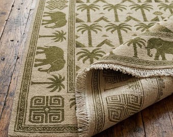 Hand Knotted Wool Elephant Rug – Tribal Safari Palm Tree Carpet