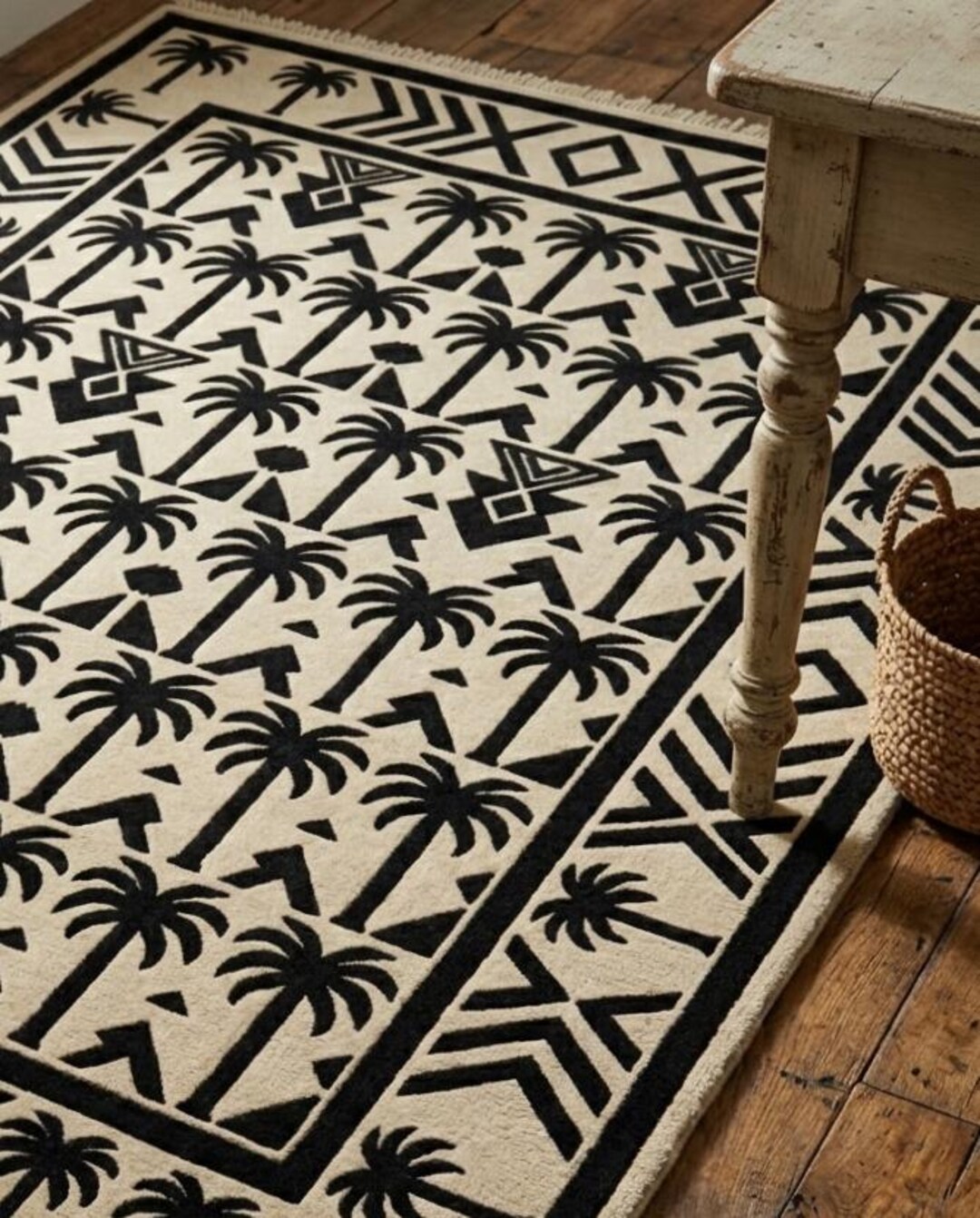 Hand Knotted Palm Tree Rug – Black Neutral Tribal Desert Pattern Carpet ...