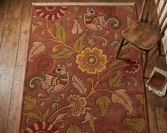 Kalamkari Inspired Hand-knotted Rug – Floral Bird Indian Folk Art Carpet