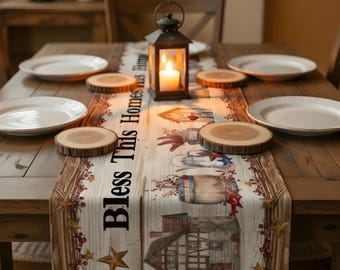 Bless This Home Table Runner Patriotic Farmhouse 4th of July Decor