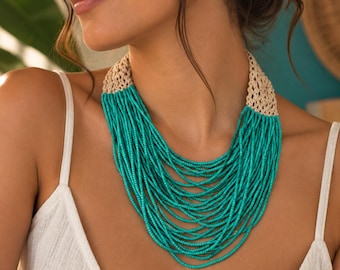 Turquoise Beaded Necklace with Waxed Cord | 47 cm Handmade Statement Necklace with Wooden Button Clasp
