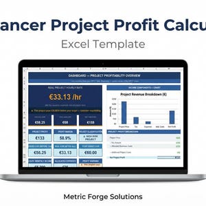 May include: A laptop screen shows a financial dashboard labelled "Freelancer Project Profit Calculator." The Excel template displays project profitability data, including hourly rates and profit margins, to help freelancers manage their finances.