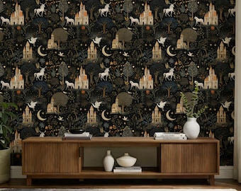 Wallpaper Featuring a Dark Forest, Fairy Tale Castle, and Animal Motifs, with Sun, Moon, and Star Designs That Can Be Peeled And Stuck.
