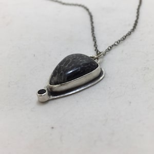 Black Fossil Coral and Sapphire Sterling Silver Necklace