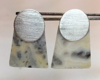 Modern Crazy Lace Agate and Sterling Silver Earrings, Sterling Post Earrings