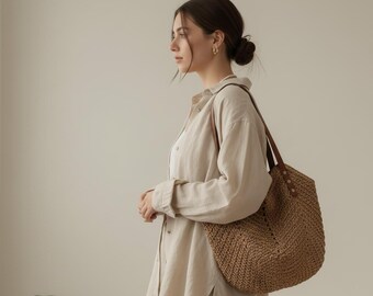 Woven Paper Rope Beach Tote Bag, Boho Pillow Shoulder Handbag, Casual Summer Purse