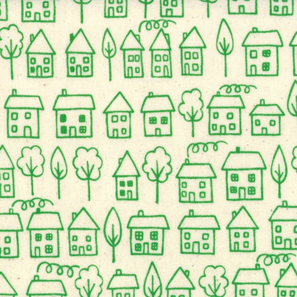 Houses in Leaf Green Fabric, Avenue, Summersville, Lucie Summers for MODA, 1 Yard, One Yard