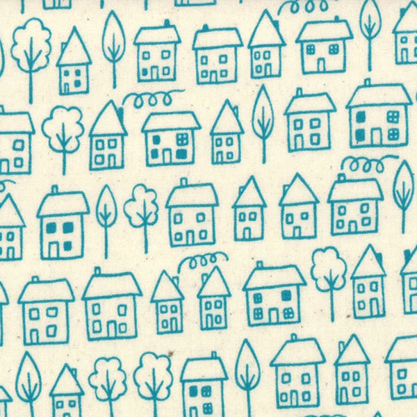Houses in Seafoam Blue Fabric, Avenue, Summersville, Lucie Summers for MODA, 1 Yard, One Yard