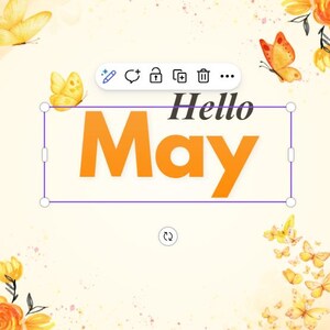 Peut inclure: Graphique numérique avec les mots "Hello May" en orange et noir, encadrés par un rectangle violet. Le fond est jaune clair avec des fleurs et des papillons aquarelle dans des tons de jaune et d'orange.