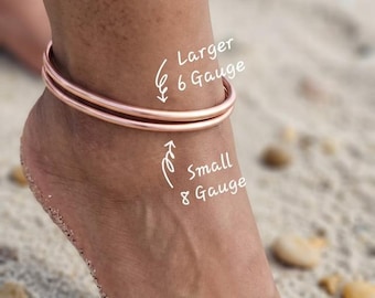Pulsera tobillera Kada de cobre macizo y plata de ley, brazalete minimalista de banda rígida, joyería bohemia playera.