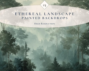 May include: A digitally painted backdrop featuring a misty forest scene with tall trees and dense foliage. The image has a soft, ethereal quality with muted green and gray tones. Text reads "Ethereal Landscape Painted Backdrops" and "High Resolution".