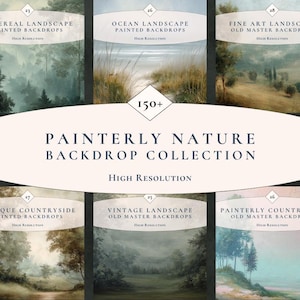 Könnte beinhalten: Eine Sammlung von gemalten Naturkulissen mit verschiedenen Landschaftsszenen. Das Bild zeigt mehrere ovale Etiketten mit Titeln wie "Ethereal Landscape" und "Ocean Landscape". Der Text "Painterly Nature Backdrop Collection" ist deutlich sichtbar.