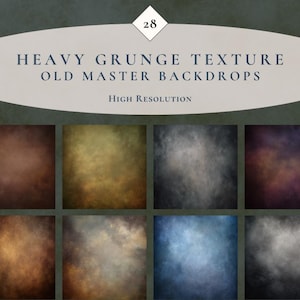 May include: A collection of eight heavy grunge texture old master backdrops in various colors, including brown, gold, gray, blue, and purple. The text "HEAVY GRUNGE TEXTURE OLD MASTER BACKDROPS" and "High Resolution" are displayed.