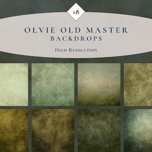 Op de afbeelding: Een verzameling van acht getextureerde achtergronden in tinten groen, bruin en beige. De achtergronden zijn gerangschikt in twee rijen van vier vierkanten. De tekst "OLVIE OLD MASTER BACKDROPS" en "HIGH RESOLUTION" wordt bovenaan weergegeven.