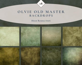 May include: Eight textured backdrops in shades of green, brown, and beige. The backdrops are arranged in two rows of four squares each. The text "OLVIE OLD MASTER BACKDROPS" and "HIGH RESOLUTION" is displayed at the top.