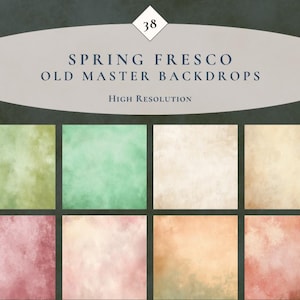 May include: A collection of eight square backdrops in various colors, including green, pink, and beige. The backdrops are labeled "Spring Fresco Old Master Backdrops" and are described as high resolution.