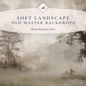 Może przedstawiać: Tło krajobrazu w odcieniach sepii z efektem mgły. Obraz przedstawia drzewa, trawiaste obszary i górę w oddali. Tekst brzmi "SOFT LANDSCAPE OLD MASTER BACKDROPS" i "High Resolution".