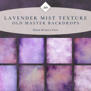 May include: A collection of 20 Lavender Mist Texture Old Master Backdrops in high resolution. The image displays eight square panels featuring various shades of purple, violet, and soft white in a mottled, painterly, and textured artistic style.