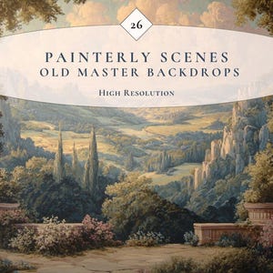 Può includere: Uno sfondo scenico con un dipinto di paesaggio con una valle, montagne e alberi. Il testo sull'immagine recita "Painterly Scenes Old Master Backdrops High Resolution" con il numero "26".