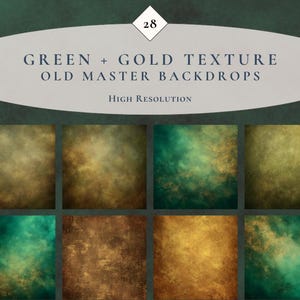 May include: A collection of 28 high-resolution digital backdrops featuring green and gold textures. The text on the image reads 28, GREEN + GOLD TEXTURE, OLD MASTER BACKDROPS, and HIGH RESOLUTION. The display shows eight distinct square samples.
