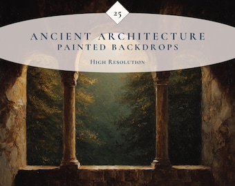 May include: A digital collection of 25 high-resolution painted backdrops featuring ancient architecture. The image displays a stone archway with columns overlooking a dark, forested landscape with light filtering through the trees.