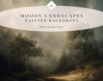 May include: A digital graphic featuring a landscape painting with trees and fog. The text reads 21 MOODY LANDSCAPES PAINTED BACKDROPS HIGH RESOLUTION. The scene displays dark green and brown tones with a misty atmosphere and a dirt path in the foreground.