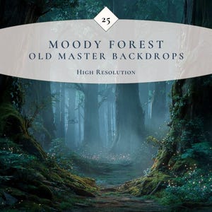 Può includere: Immagine di arte digitale di una scena di foresta cupa con alberi alti e un sentiero che conduce in lontananza. L'immagine ha una qualità morbida ed eterea con un'atmosfera nebbiosa. Il testo sull'immagine recita "MOODY FOREST OLD MASTER BACKDROPS High Resolution".